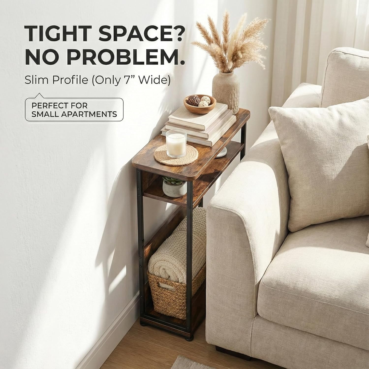 End Table for Narrow Space, 3 Tier Narrow Side Tables Modern Sofa Table with Storage Shelf, Bedside Table Slim Nightstand with Magazine Rack Living Room Home Office,Brown