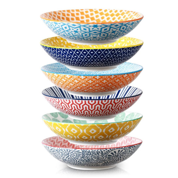 Porcelain 40oz Large Bowls 9 inch Big Pasta Salad Bowls, Microwave and Oven Safe, Colorful, Set of 6