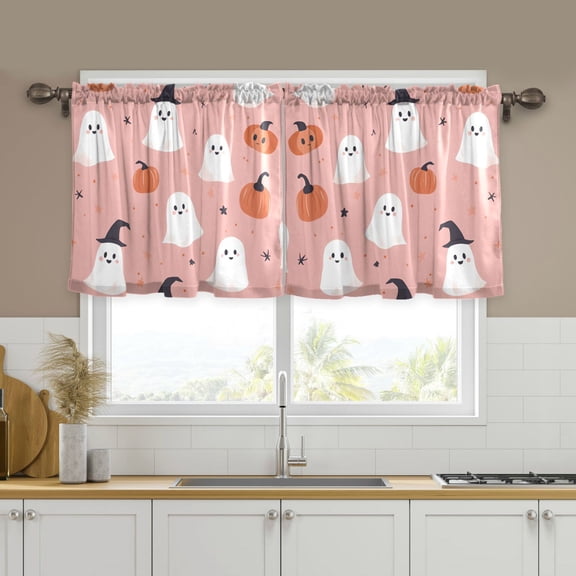 Yayeee Kitchen Curtains Tier Set of 2 Light Filtering 57"x24" Over Sink Window Panels, Pink Cartoon Halloween