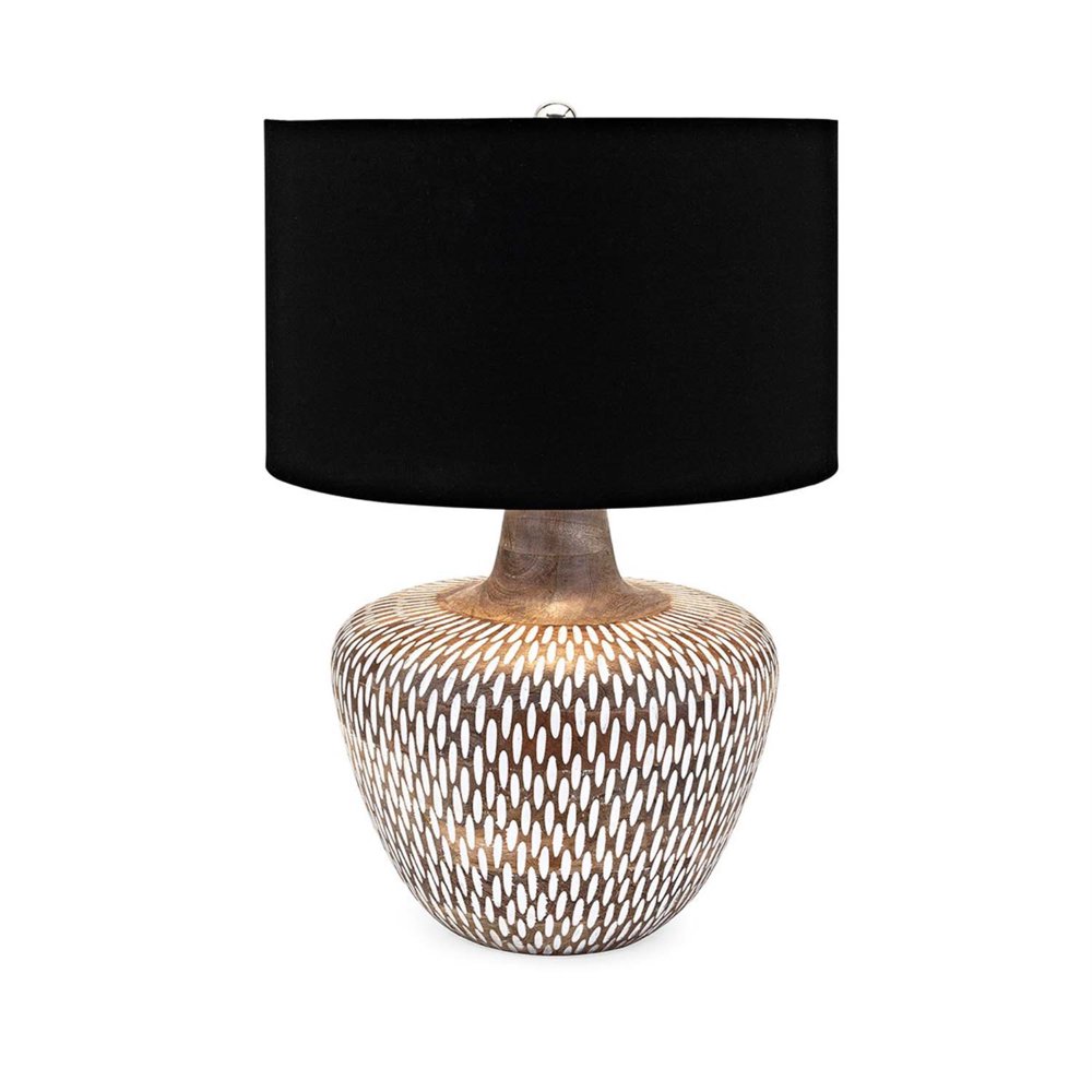 Geometric Patterned Mango Wood Base Table Lamp with Fabric Shade, Black