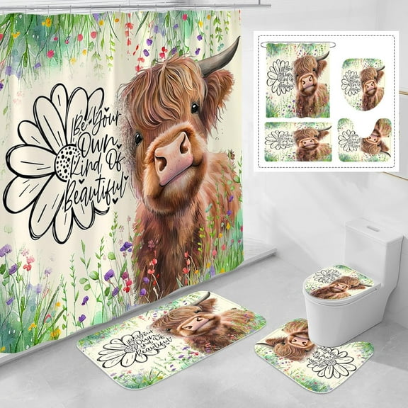 4 Pcs Sunflower Highland Cow Shower Curtain Sets with Rugs for Bathroom Decor, Rustic Funny Bathroom Sets with Shower Curtain and Rugs, Cute Bathroom Curtain Set with Mats (Hooks Not Included)