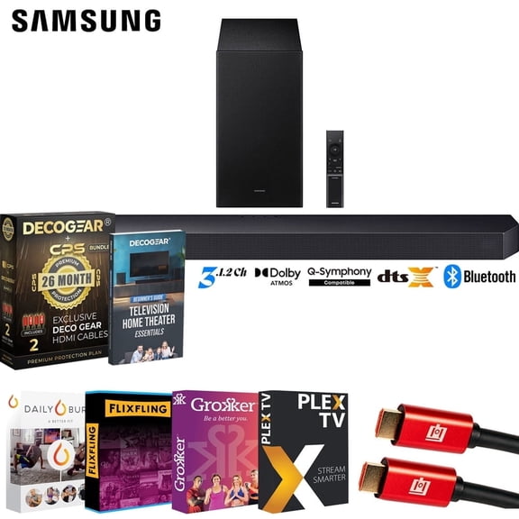 Samsung HW-Q600F 3.1.2ch Soundbar and Subwoofer Bundle with CPS Exclusive 26 Month Protection Pack, Premiere Movies Streaming, 2x HDMI Cable & Deco Gear Complete Home Theater Beginner's Guidebook