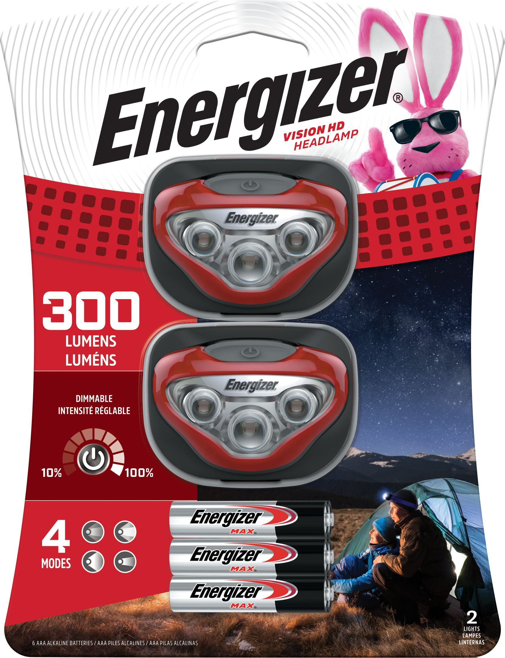 Energizer Vision HD 300 Lumen LED Headlamps, AAA Batteries Included (2 Pack)