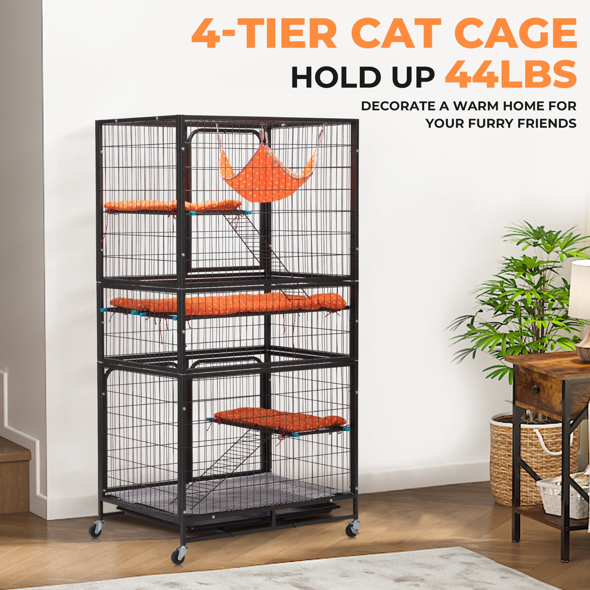 JAXPETY 4-Tier Cat Cage, Cat Crate Playpen Kennel, Ferret Cage with Wheels, Hammock, Beds, Removable Tray and Ladders, Black