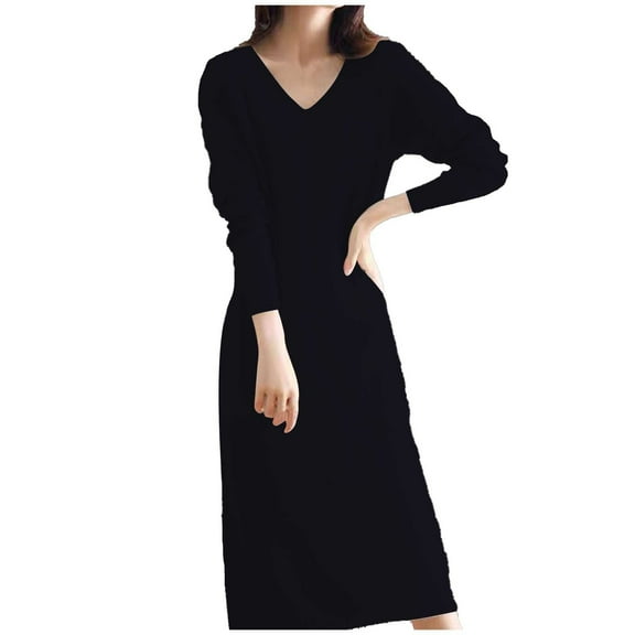 French Style Long Sleeve V Neck Wool Knit Dress Women Cozy Warm Casual Maxi Dress Fall Winter Layering Outfit Elegant Comfortable