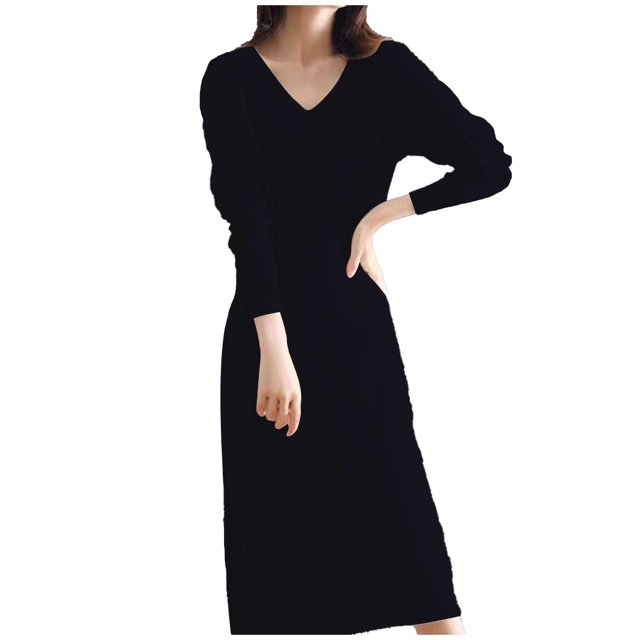 Vestido de punto de lana con cuello en V para mujer - Maxi de manga larga para combinar - Estilo francés - Otoño/invierno - S-XL