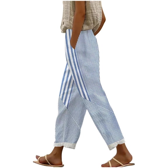 Womens Striped Patchwork Cotton Wide Leg Pants High Waisted Pull On Trousers with Pockets Casual Vacation Boho Beach Pants Light Blue