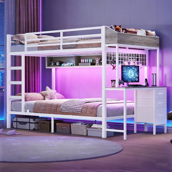 Twin Over Twin Bunk Bed with Desk and 3 Storage Drawers, Storage Shelf and Boxes, No Box Spring Needed, White