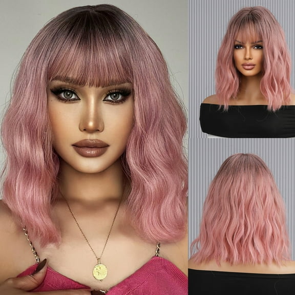 BERON Ombre Pink Short Curly Bob Wig for Women with Bangs Heat Resistant Synthetic Hair Wigs for Daily Use