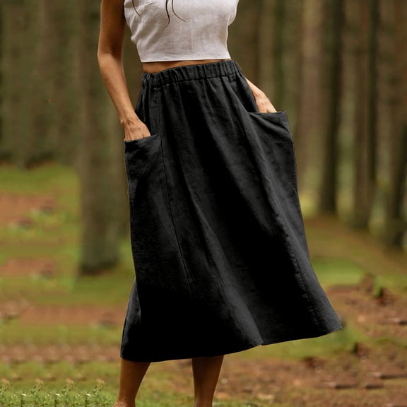 TMOYZQ Women's Girls Elastic Waist Long Skirts Flowy Bohemian Casual Maxi Skirt Loose Summer Beach Holiday Long Skirts with Pockets