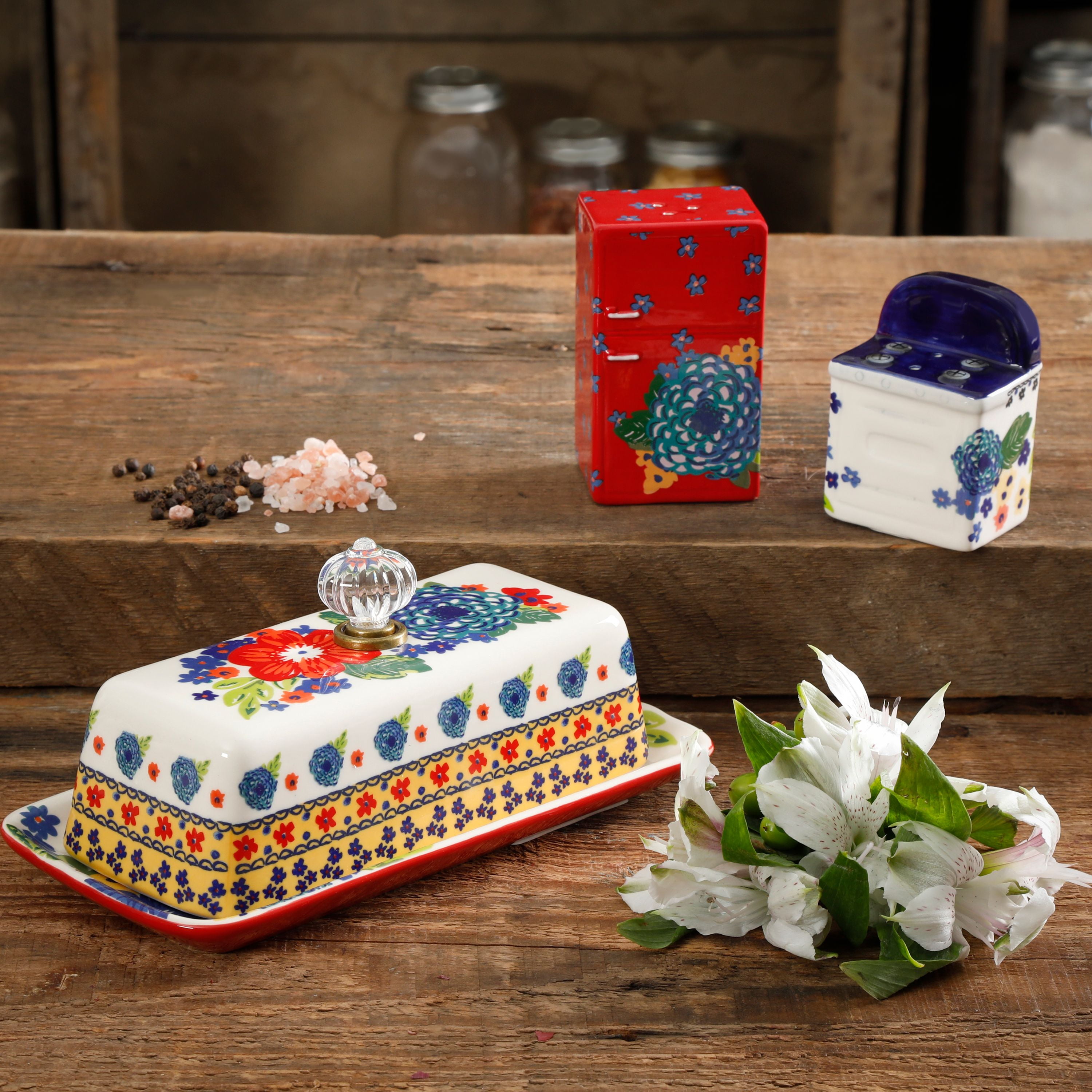 The Pioneer Woman Adeline Glass Butter Dish With Salt and Pepper Shaker Set for sale online 