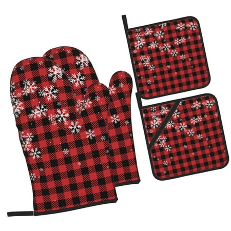 

Fotbe Red Buffalo Plaid for 4Pcs Oven Mitts and Pot Holders 500℉ Heat Resistant Oven Mitts Non-Slip Silicone Surface Safe for Baking Cooking BBQ