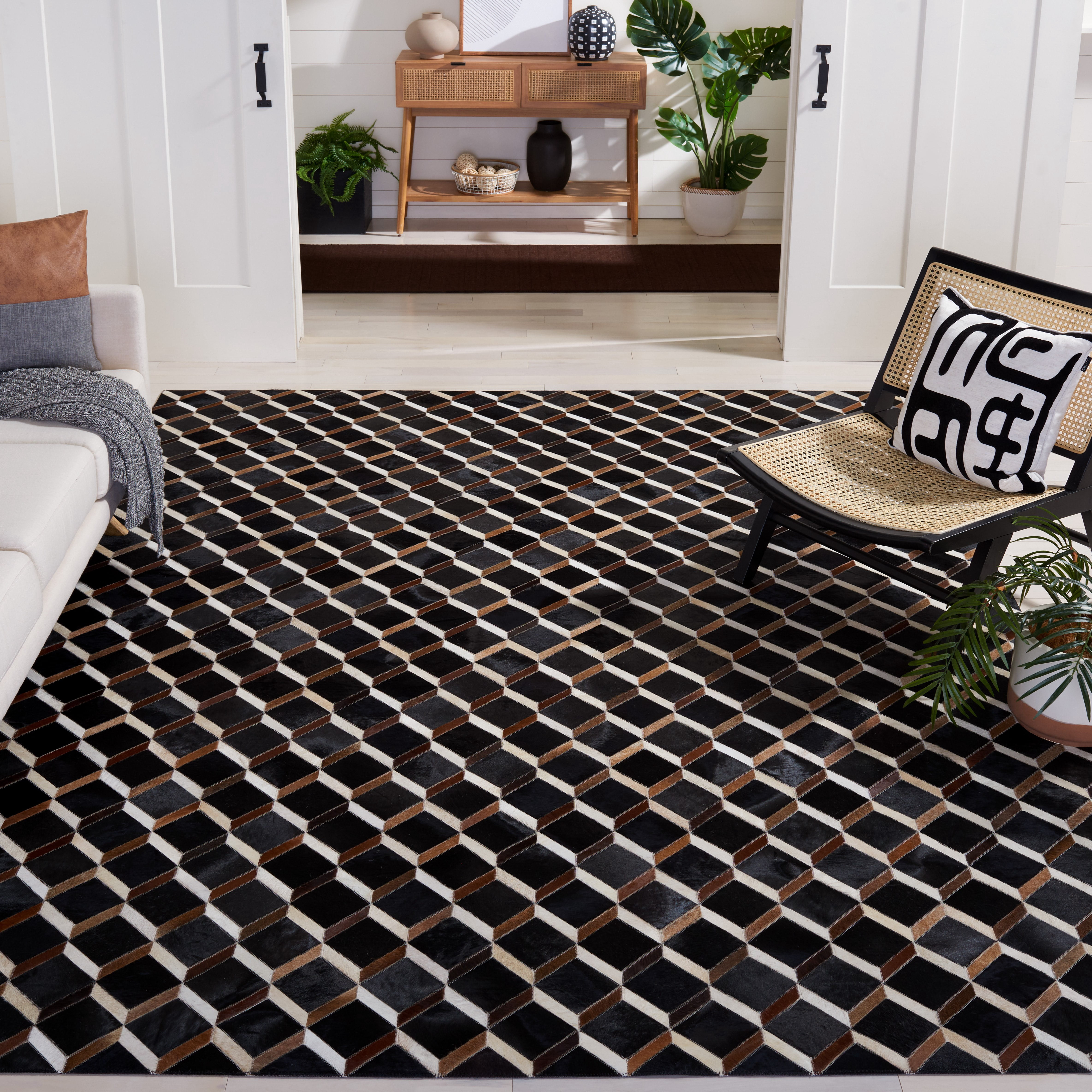 SAFAVIEH Studio Leather Rebecca Geometric Area Rug, Black/Brown, 8' x 10'