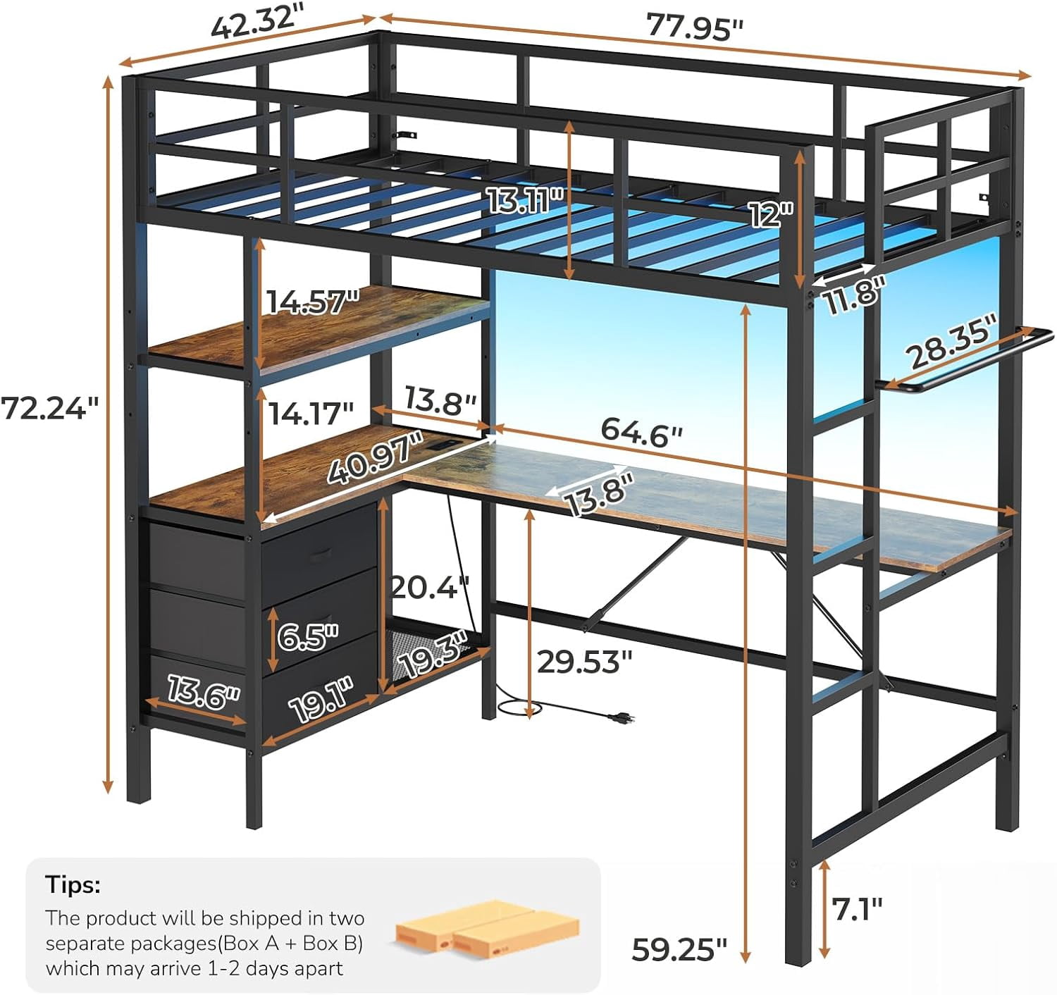Twin Metal Loft Bed Frame with L-Shaped Desk&LED Lights&Charging Station, Black LED Loft Bed with 3 Storage Shelves&Drawers, Safety Guard & Stairs