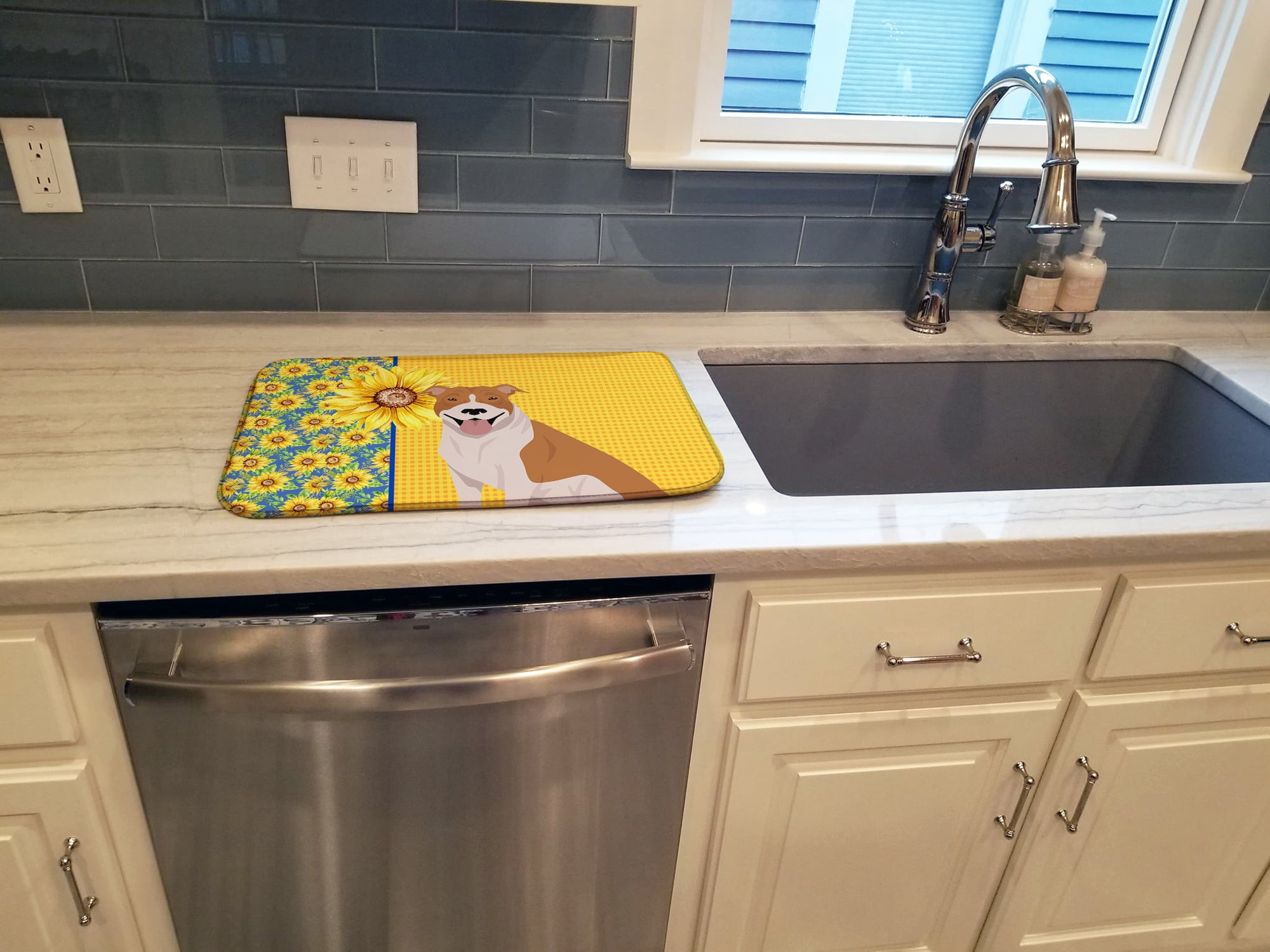 Carolines Treasures WDK5322DDM 21 x 14 in. Summer Sunflowers Red & White Pit Bull Terrier Dish Drying Mat
