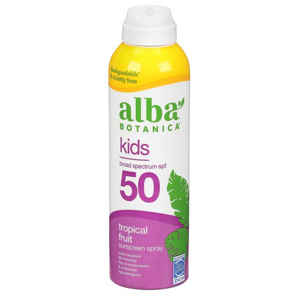 Alba Botanica Kids Sunscreen For Face And Body, Tropical Fruit Sunscreen Spray For Kids, Broad Spectrum Spf 50, Water Resistant And Hypoallergenic, 6 Fl. Oz. Bottle