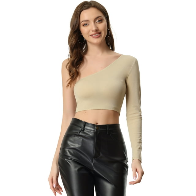 Disfraz de navidad Top corto de fiesta de manga larga con un hombro y purpurina metálica para mujer Beige L