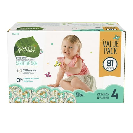 Seventh Generation Free & Clear Size 4, 22-37lbs Baby Diapers with Animal Prints, 81