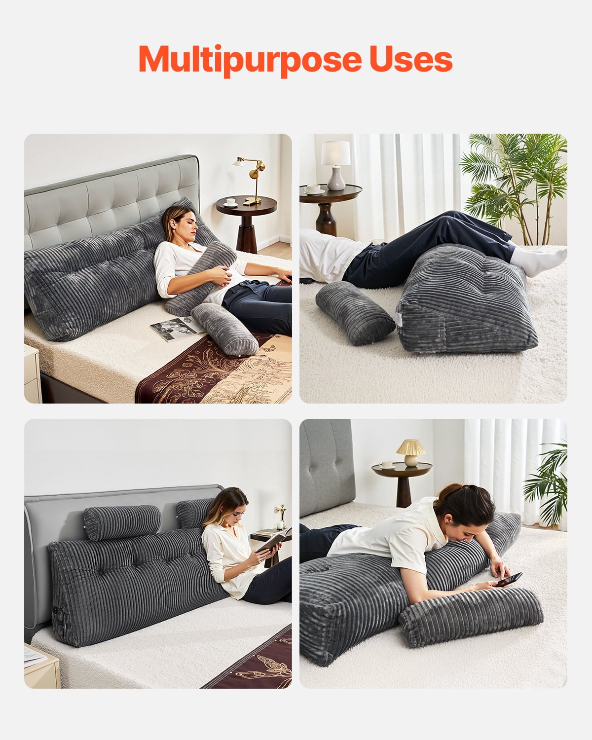 VEVOR Headboard Pillow, King Size Wedge Headboard Pillow with 2 Side Pockets and 2 Headrests, Bed Wedge Pillow for Reading, Gaming, Resting, Working in Bed, Grey