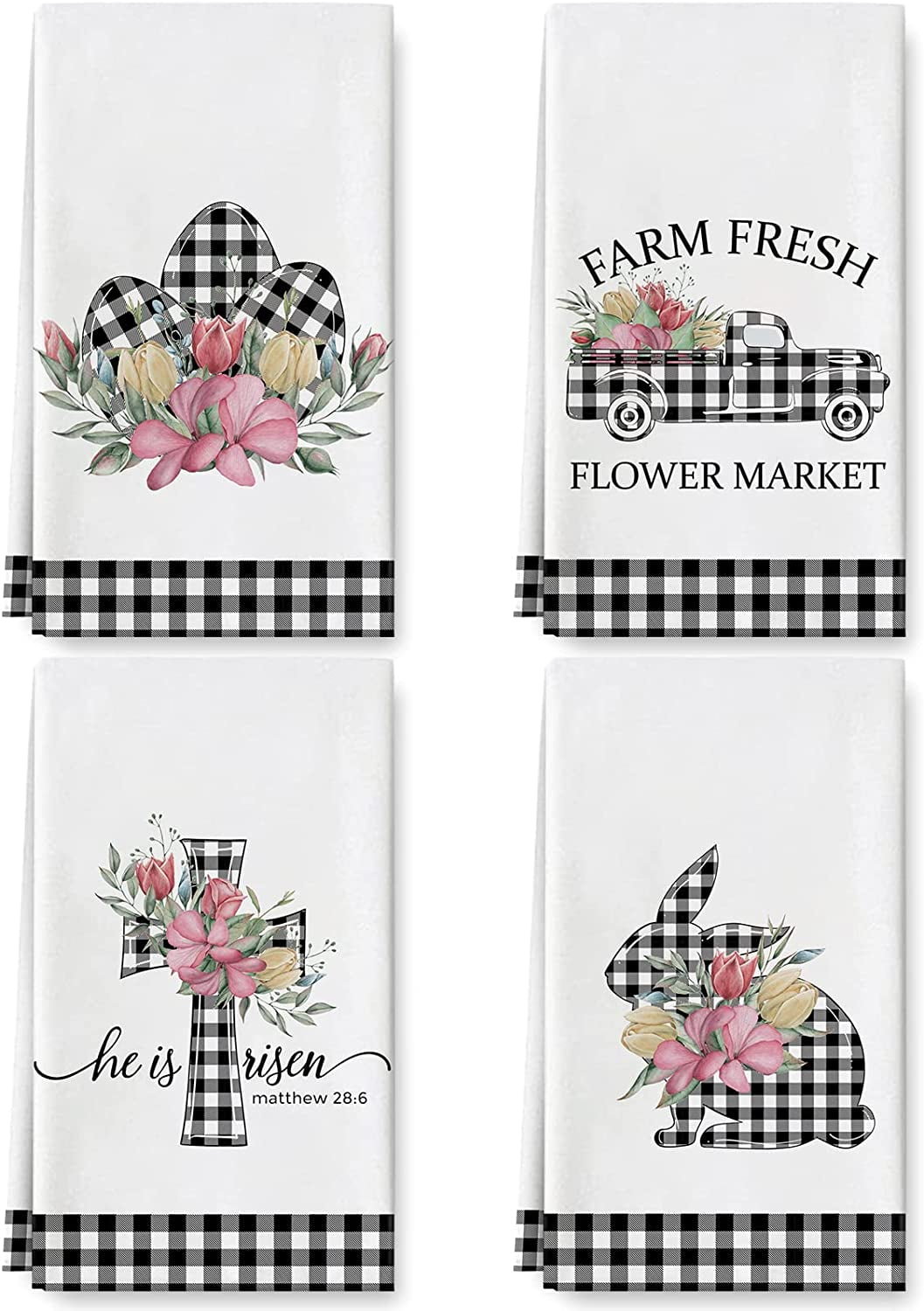 Easter Black and White Tea Towels, Set of 4