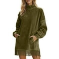 thumbnail image 6 of Women's Dress Long Sleeve High Neck Loose Fit Solid Color Suede with Pockets and Tassel Detail Midi Dress for Spring Fall,Green,S, 6 of 7