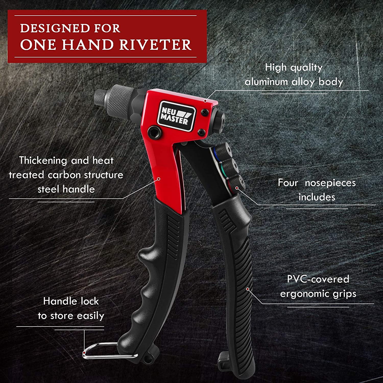 NEU MASTER Rivet Gun with 200Pcs Rivets, Manual Rivet Gun Kit with 4 Tool-Free Interchangeable Rivet Heads, BMC Case, Heavy Duty Single Hand Riveter for Plastic, Metal, Leather.