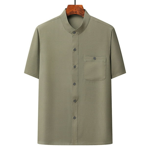 pstuiky camisetas camisas para hombre, Camisa informal de manga corta, cuello alto, lisa y cómoda para hombre camisas casuales para hombre xxl