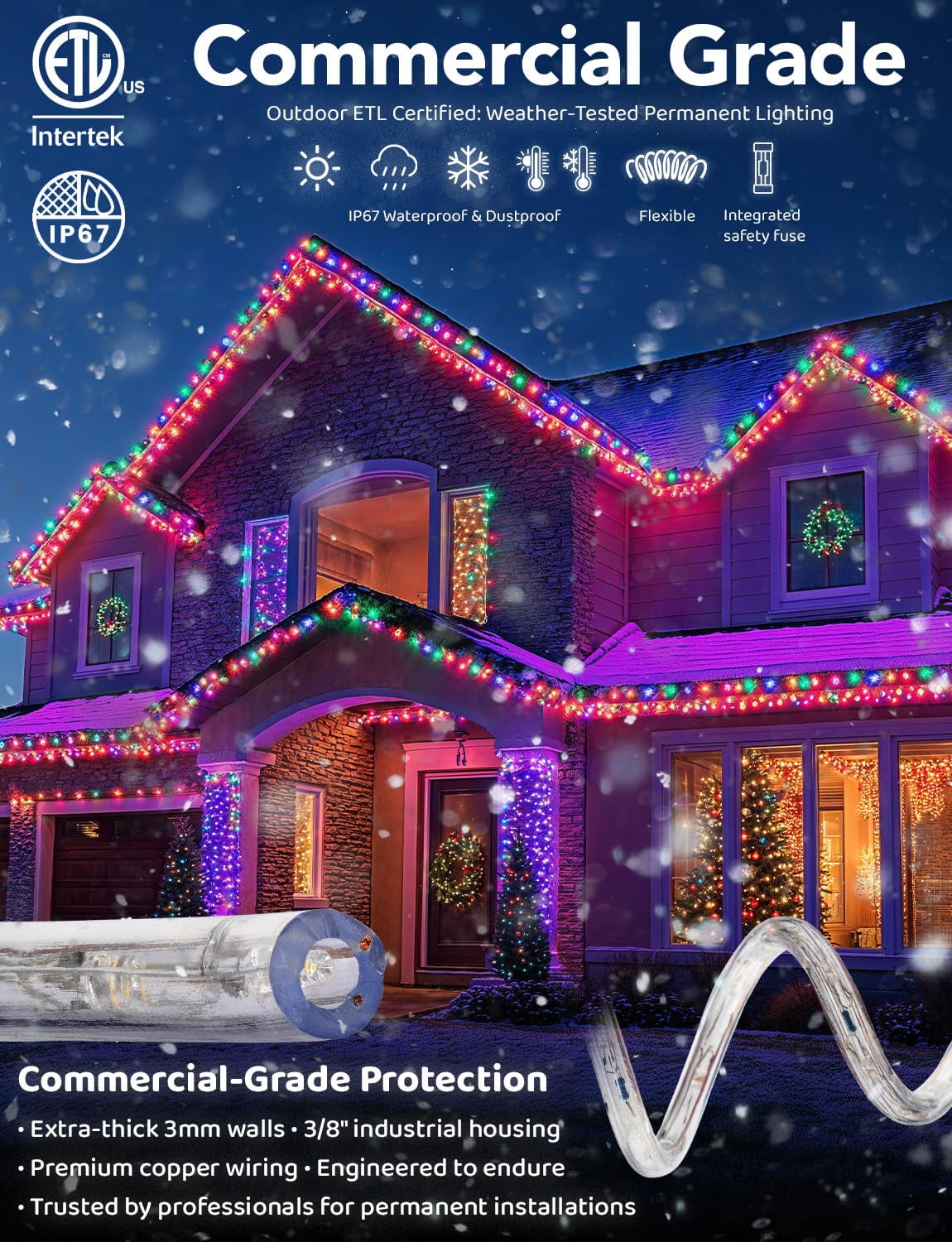 West Ivory 576LEDs, 50ft Colorful LED Outside Rope Lights, Waterproof Permanent Outdoor ETL Certified Connectable Clear Tube, Christmas Palm Tree Holiday Decorative Landscape Patio Accent Lighting