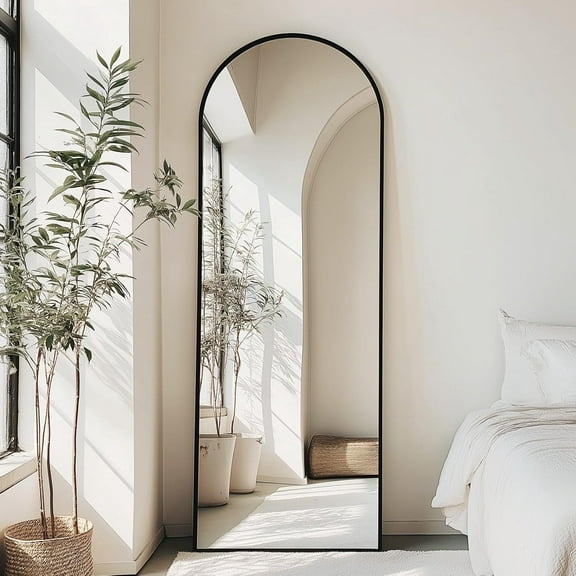 Full Length Mirror, 64"x21" Standing Full Body Mirror with Aluminum Alloy Frame, Floor Mirror for Bedroom Bathroom Wall Decor, Arched, Black