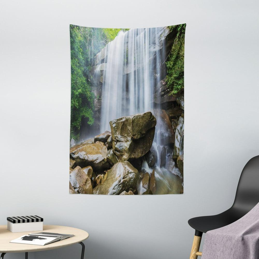 Waterfall Decor Tapestry, Waterfalls Surrounded by Rocks and Tropical