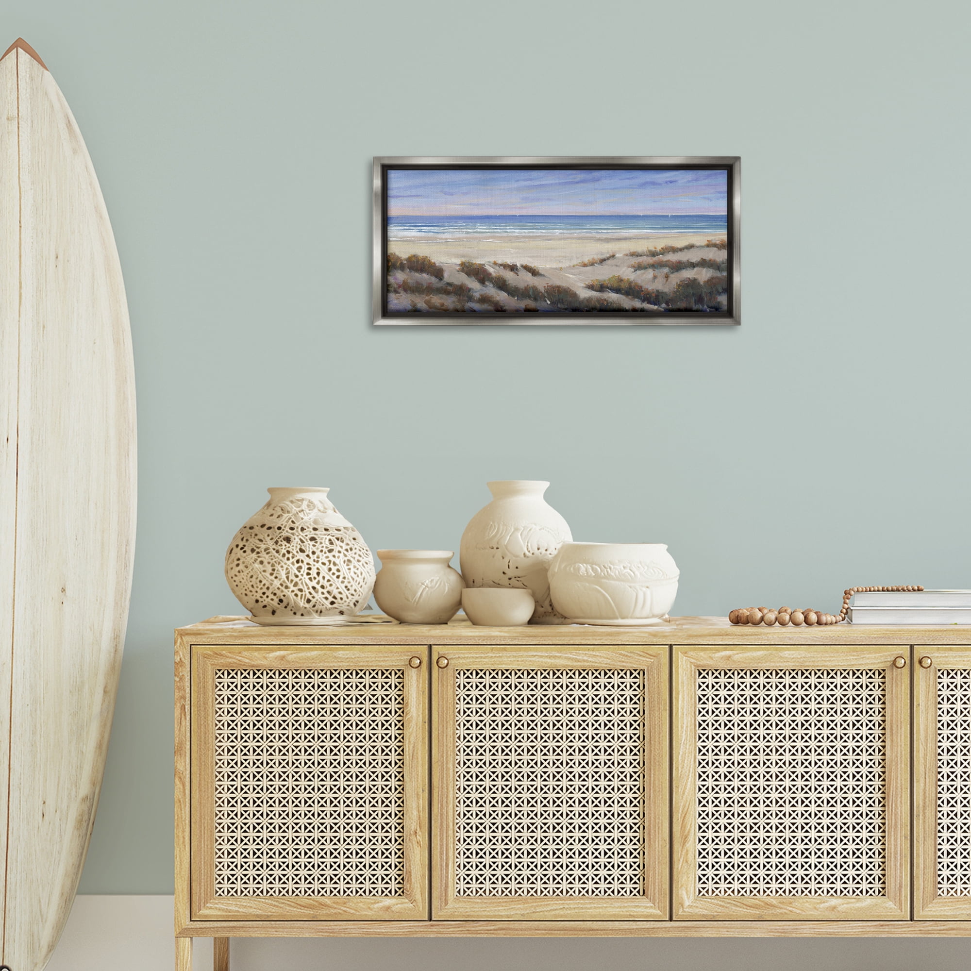 Stupell Industries Grassy Beach View Nautical & Beach Painting Gray Floater Framed Canvas Art Print Wall Art, 31 x 14