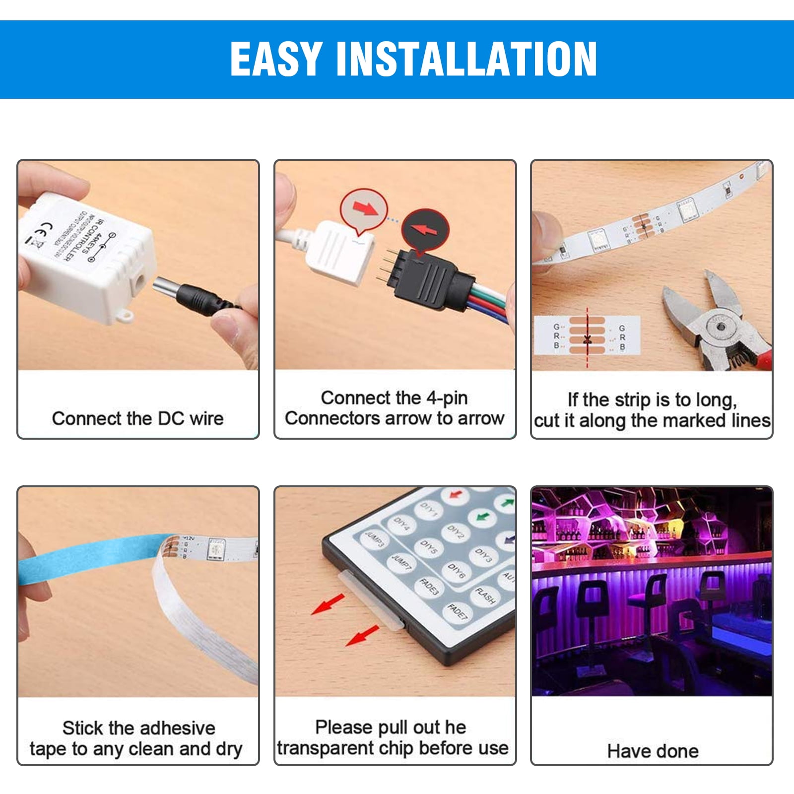 Waterproof 16.4ft RGB 3528 SMD 300 LED Strip Light with 44 key IR Remote  Controller and 12V 2A Remote Control and DIY Mode Color Changing LED Lights,  Easy Installation - Walmart.com