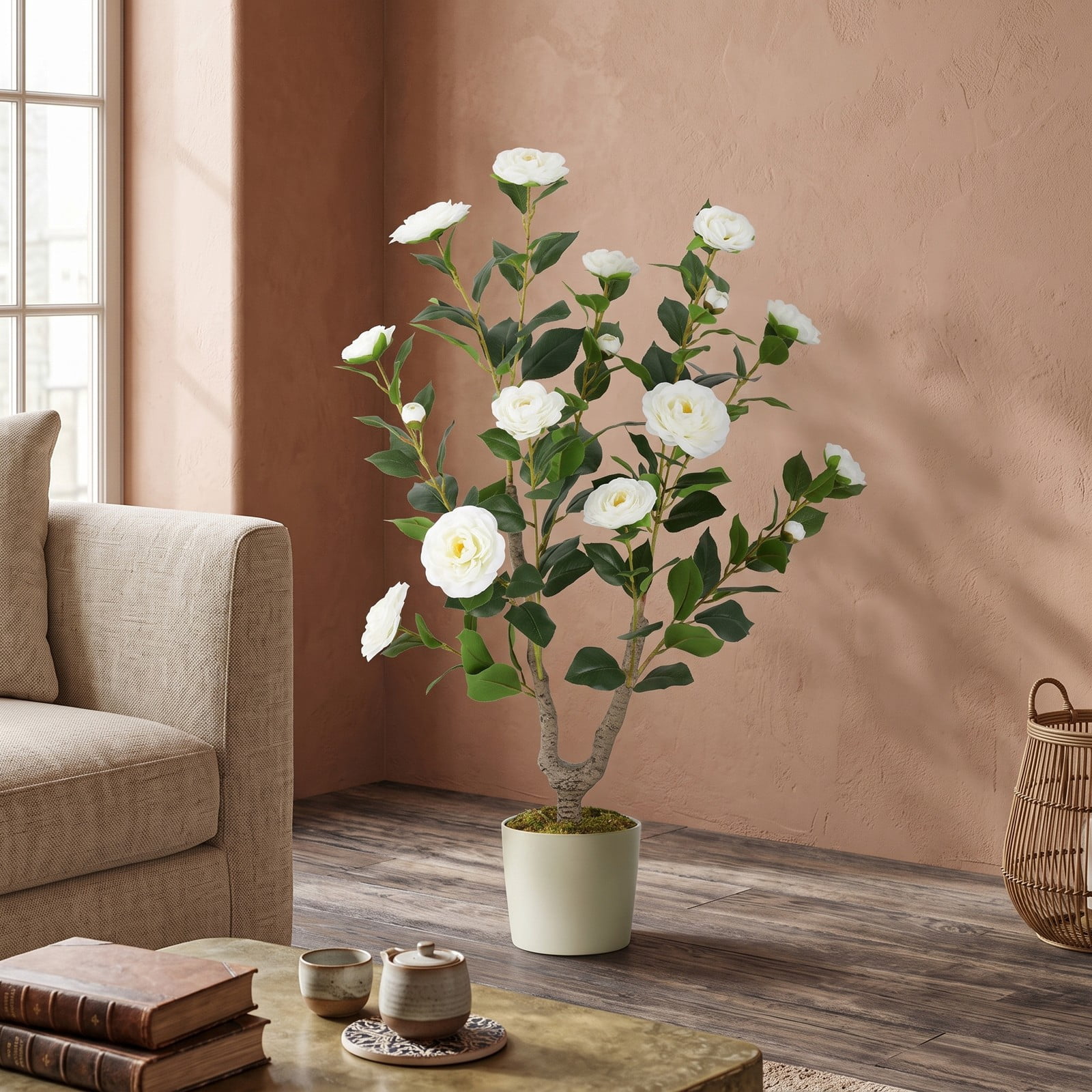 ALPULON 36 Inch Artificial Camellia Tree with Blooming Flowers, Faux Potted Silk Plant with Cement-Filled Pot for Home Office Wedding Front Door Porch Balcony, White