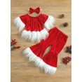 thumbnail image 2 of Bagilaanoe 3Pcs Toddler Baby Girl Christmas Outfits Fluffy Trims Short Sleeve Ruffle Off-Shoulder Pullovers + Long Flared Pants + Headband 6M 9M 12M 18M 24M 3T 4T 5T Kids Cosplay Party Dress UP, 2 of 9