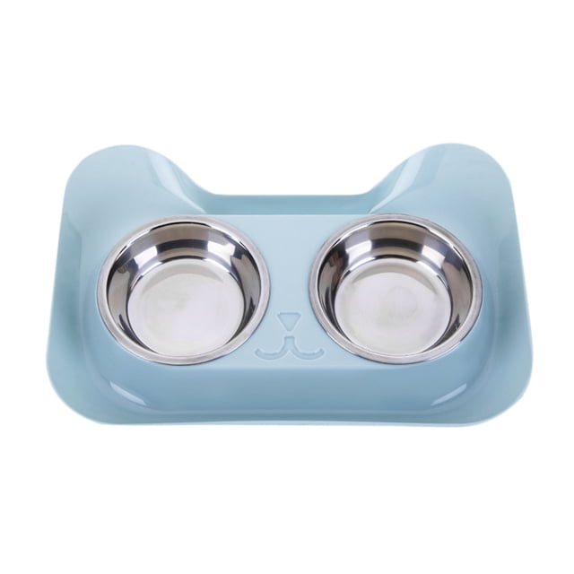 Miangastore Bol Double pour Animaux en Forme de Chat Bleu 1Pcs 12.2x8.5x1.6in Acier Inoxydable