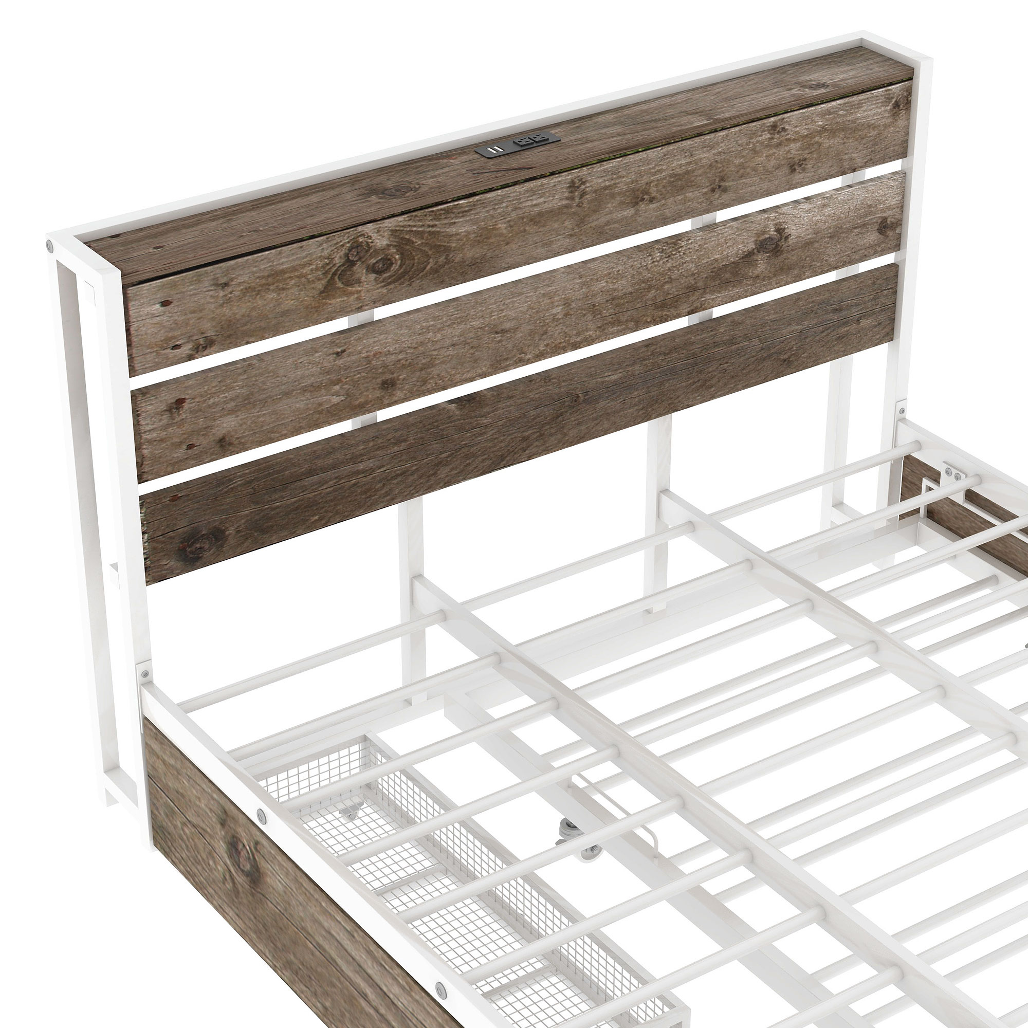 Euroco Wood Metal Queen Size Platform Bed with Functional Headboard, 4 Storage Drawers, Charging Station and USB Ports, White