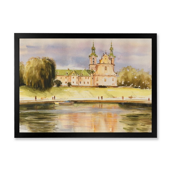 Designart 'Historical Church On The Rock On Banks of The River' Lake House Framed Art Print