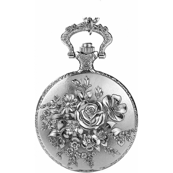 Retro Flower Openwork Cover Quartz Pocket Watch with Chain Half Hunter Pocket Watches for Women with Box, for Mother's Day