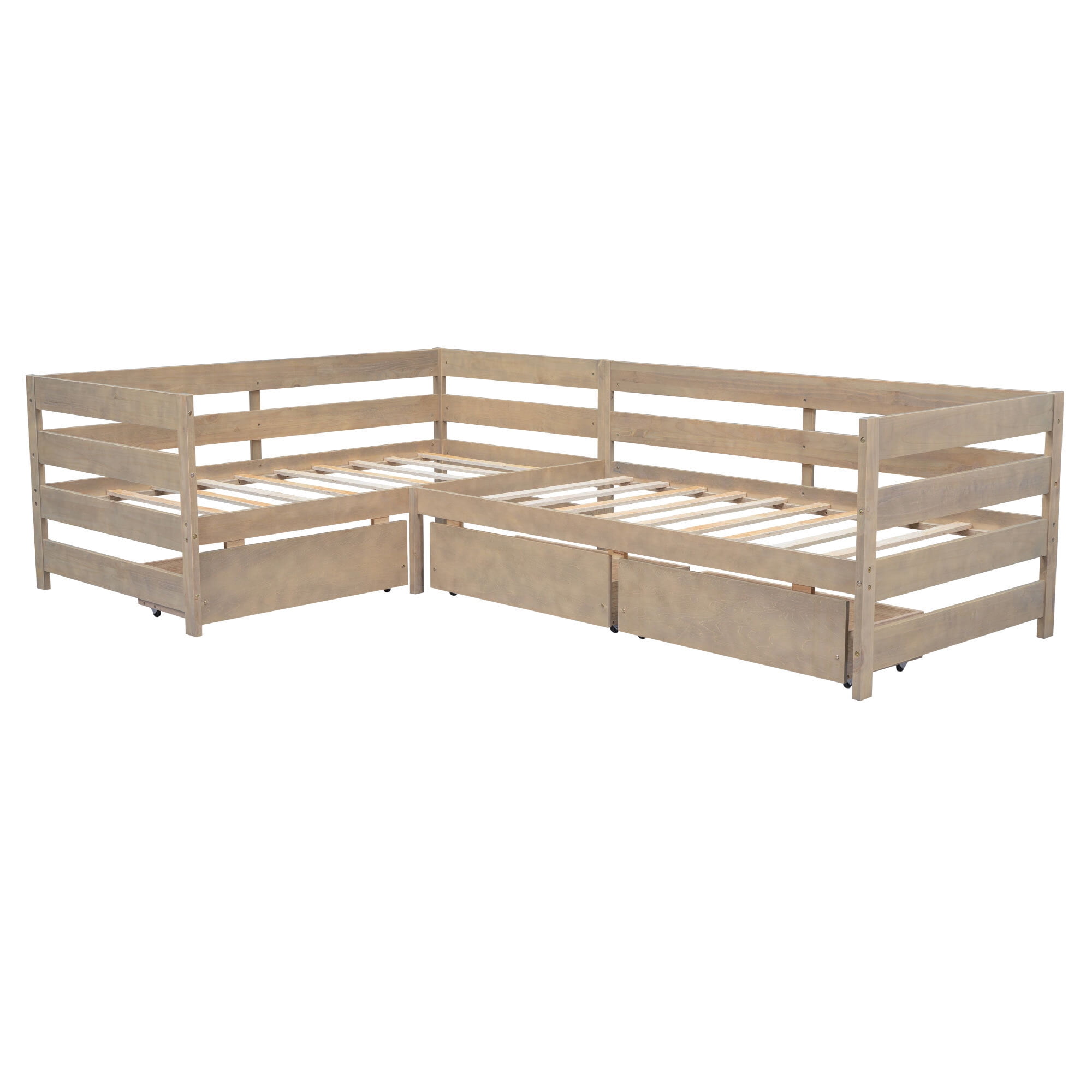 Euroco Wood Twin Size L-Shaped Platform Bed, 2 Beds in One with Drawers, Natural