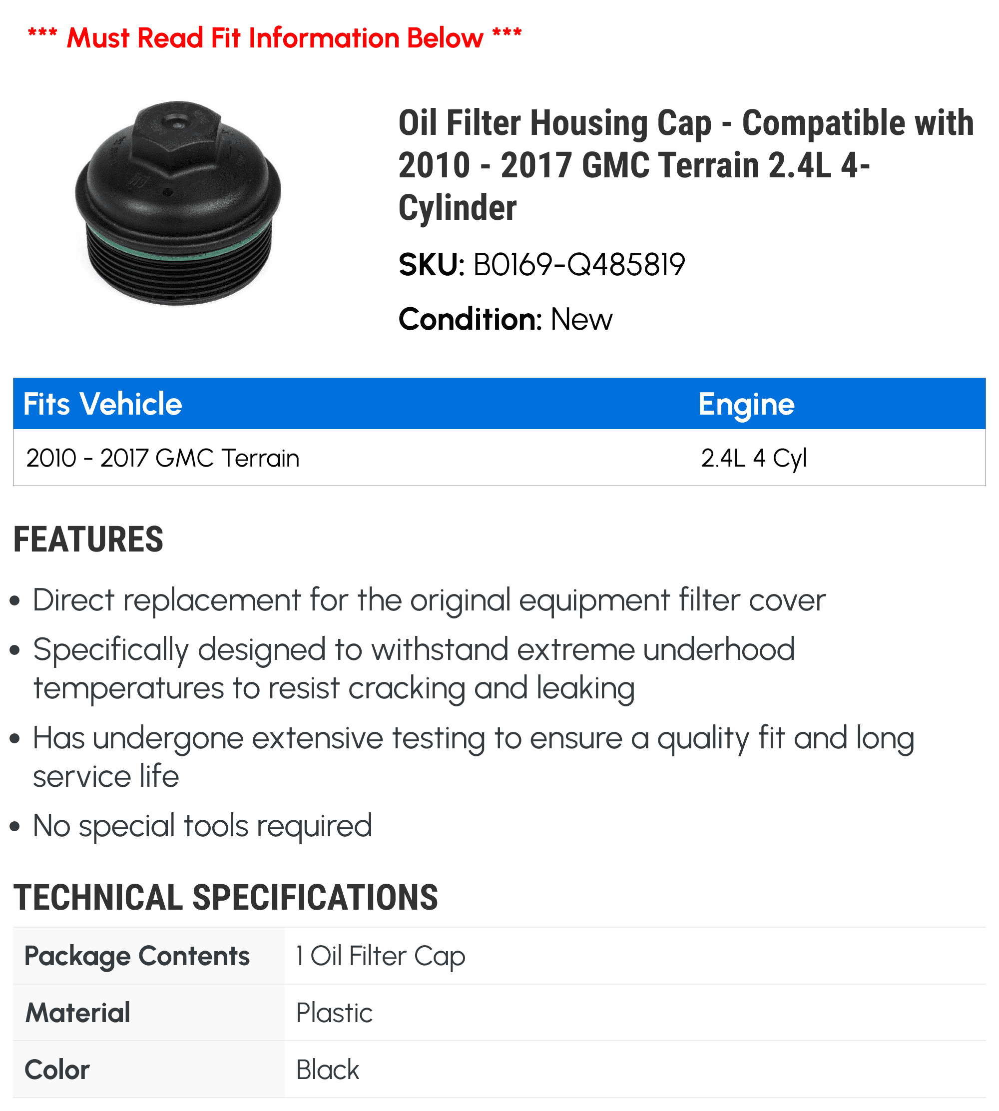 Oil Filter Housing Cap - Compatible with 2010 - 2017 GMC Terrain 2.4L 4-Cylinder 2011 2012 2013 2014 2015 2016