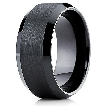 Black Tungsten Wedding Band 10mm Tungsten Ring Beveled Tungsten Carbide Band Pipe Cut Comfort Fit Men Women (6.5)