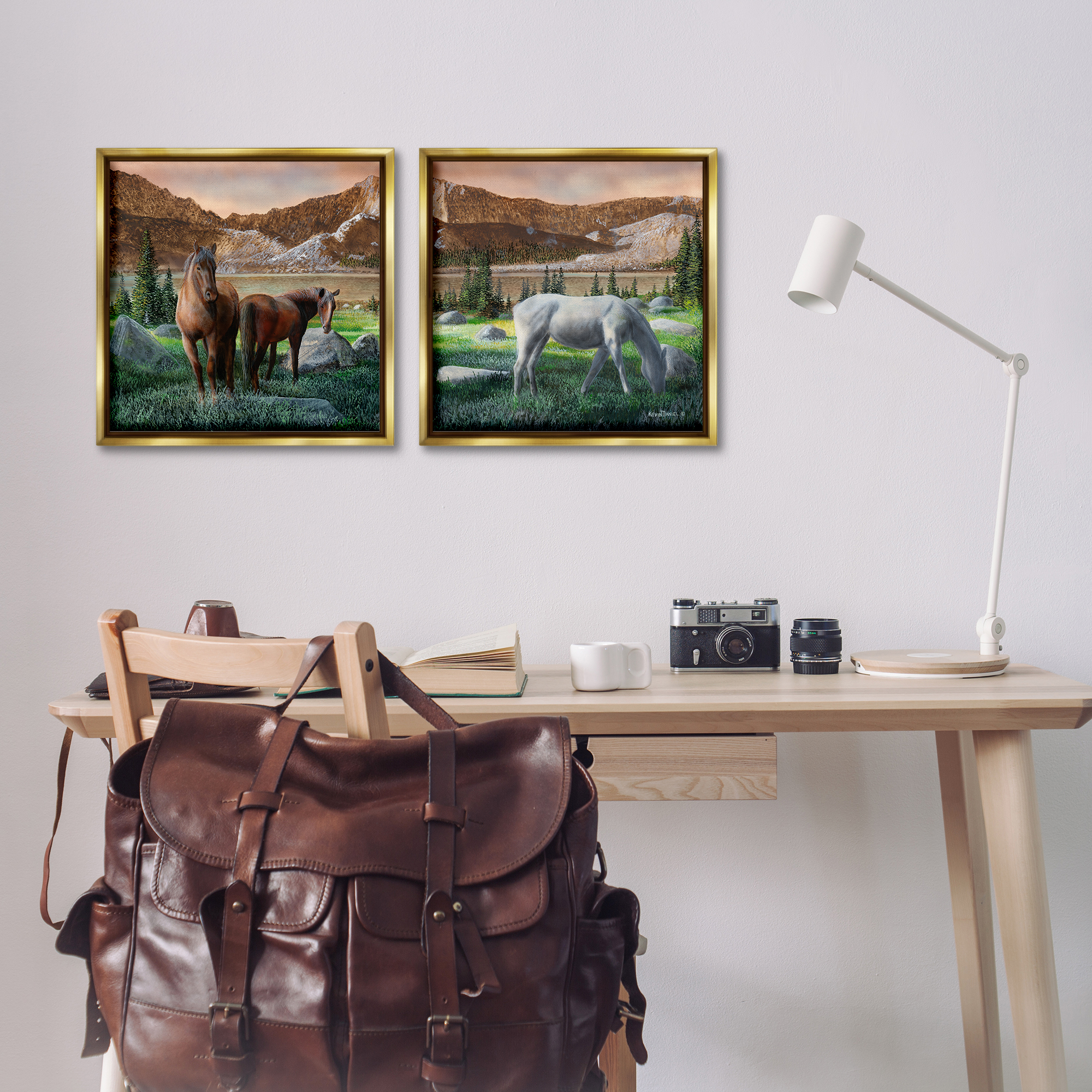 Stupell Industries Country Valley Horses Grazing Animals Painting Gold Floater Framed Canvas Art Print Wall Art, 18 x 18, Set of 2