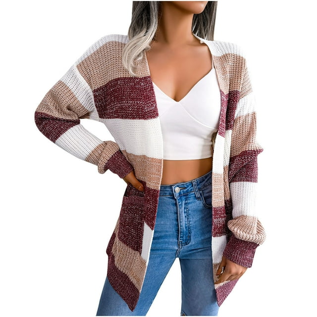 Hauts à Manches Longues pour Femmes Mode pour Femmes Automne Hiver Rayures Cardigan à Manches Longues Manteau Chandail Hauts Hauts pour Femmes Manches Longues Long Manteau pour Femmes Manteau d'Hiver pour Femmes Hauts de Mode pour Femmes