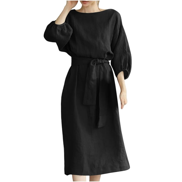 KIHOUT Robes d'Été pour Femmes, Mode Féminine Col Rond Manches Courtes Amples Robe Mi-Mollet Longue Robe Noire 4TG