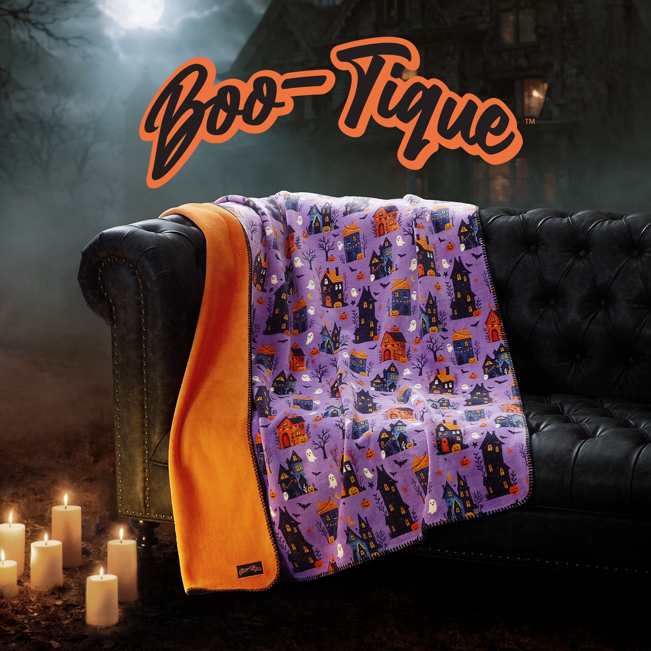 Boo-tique Halloween Reversible Oversized Couch Throw Blanket, Haunted Houses, Purple, 50 x 72 in