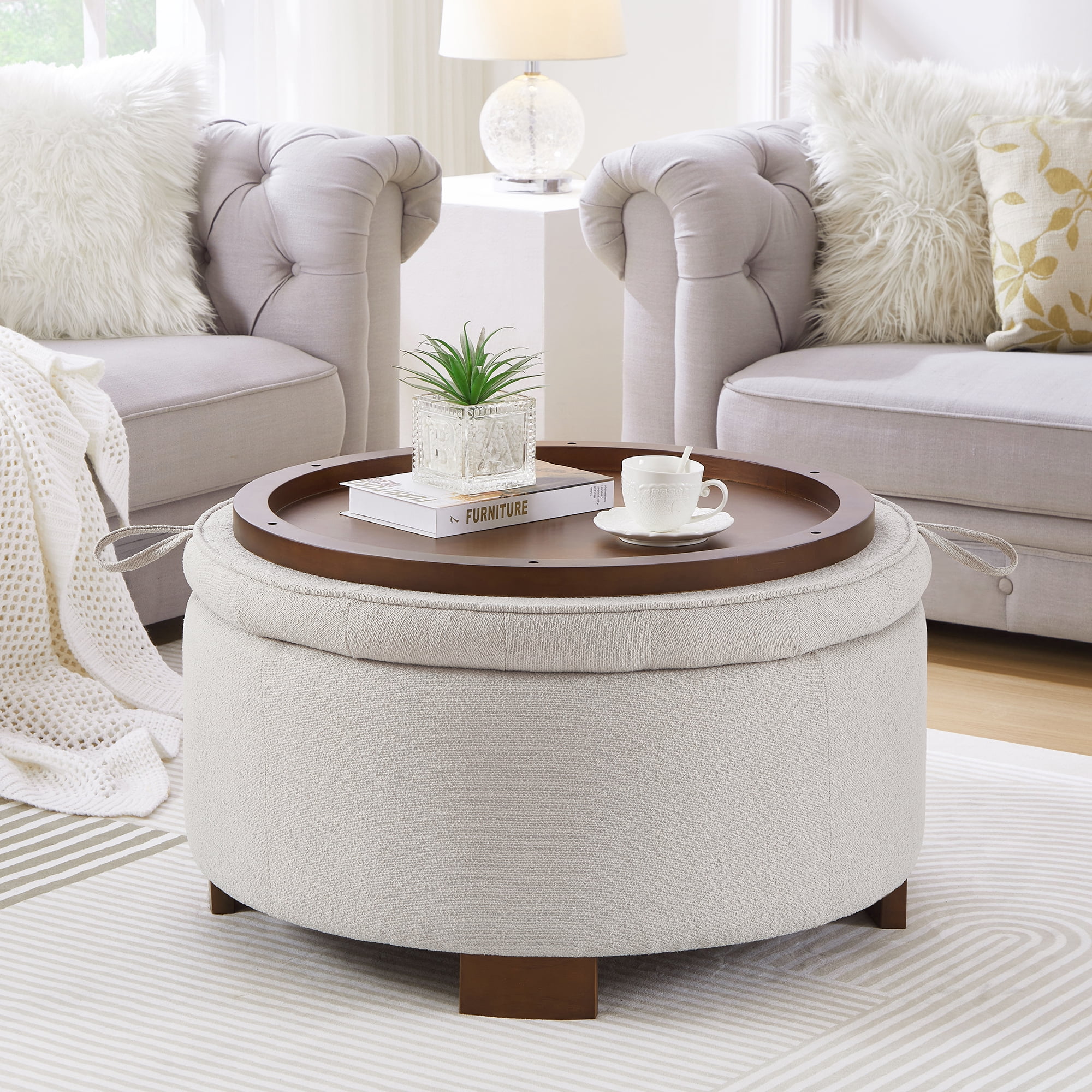 Round Storage Ottoman With Reversible Lid - Boucle Fabric Upholstered Footstool Hidden Storage Compartment Wooden Legs Dual-Purpose Seat & Side Table For Living Room Bedroom - Beige