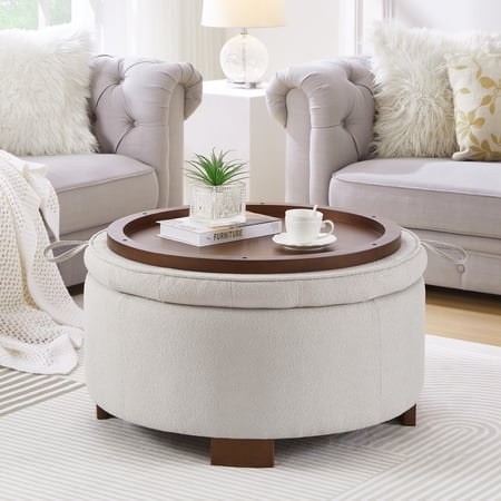 Round Storage Ottoman with Boucle Fabric - Beige Footstool with Wooden Legs & Reversible Lid for Living Room Bedroom