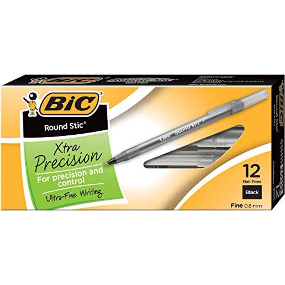 BIC Round Stic Xtra Precision Ball Pen, Fine Point (0.8mm), Black, 12