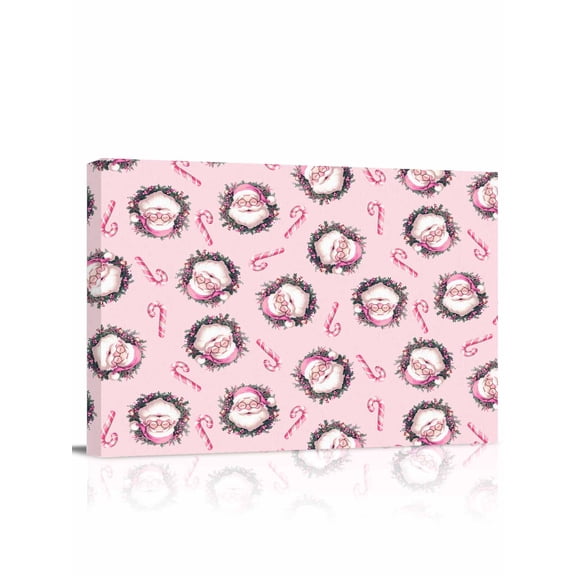 Santa Claus Candy Cane Canvas Print Wall Art Framed Canvas Art Wall Decor Xmas Christmas Pink Pictures Painting Morden Artwork for Living Room Bedroom, Ready to Hang - 12"x16"