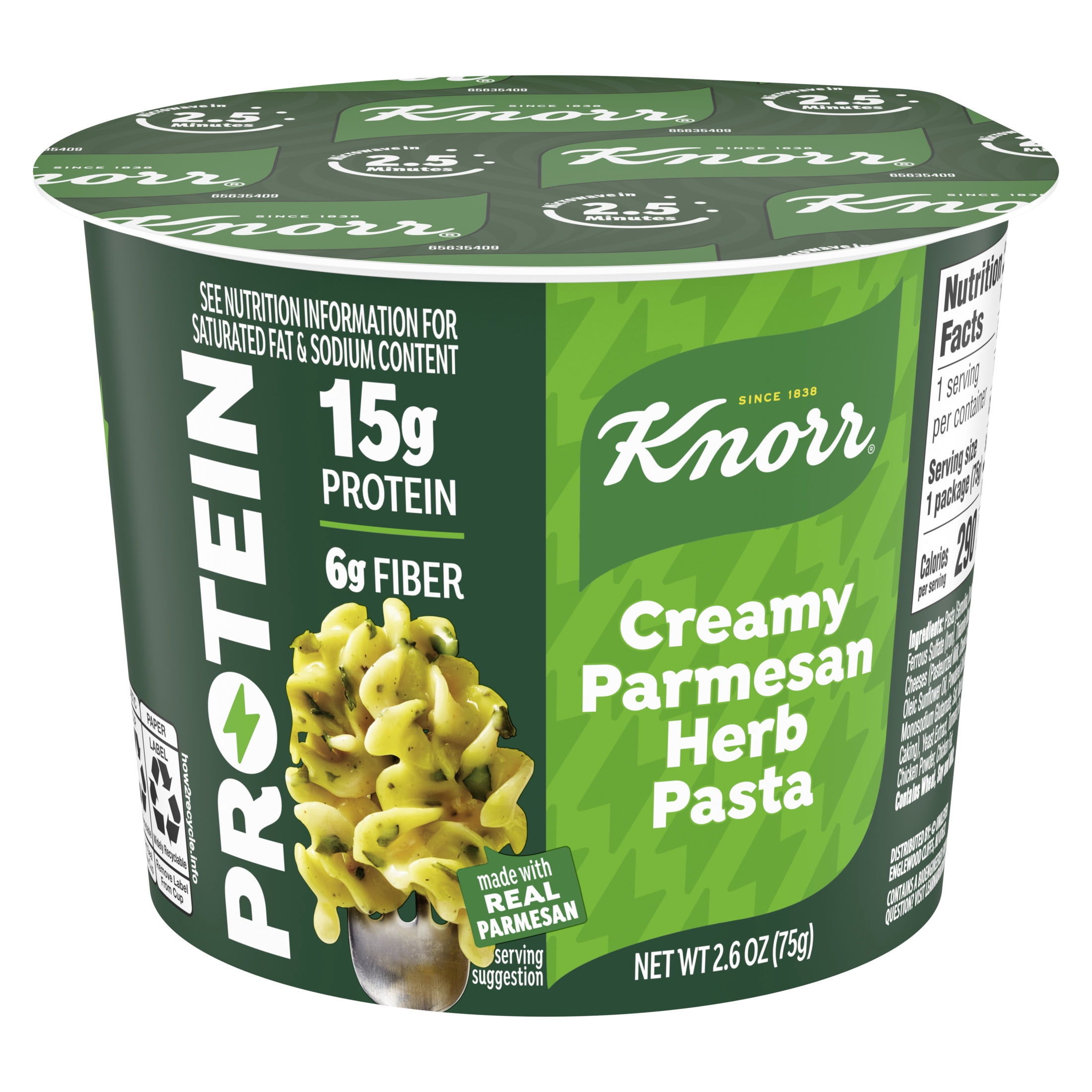 Knorr Protein Creamy Parmesan Herb Pasta Cup, Made with Real Parmesan, 15g of Protein, 2.6oz